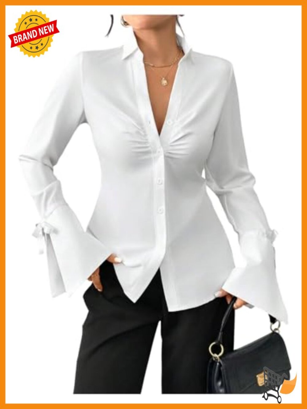 Women's Bow Flounce Sleeve Button Up Dressy Blouse Collared Shirt